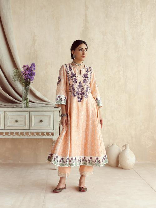 Peach Kalidar Kurta with Pant and Dupatta-Set of 3