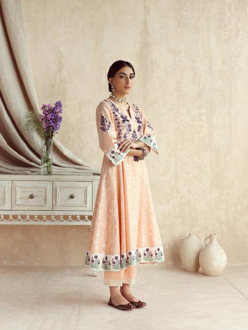 Peach Kalidar Kurta with Pant and Dupatta-Set of 3