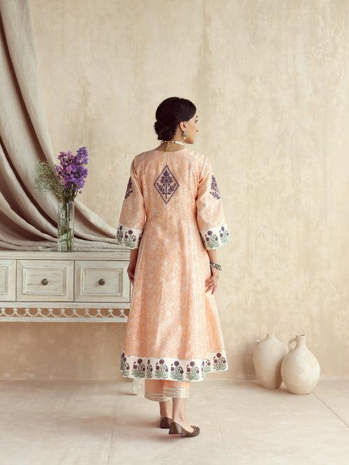 Peach Kalidar Kurta with Pant and Dupatta-Set of 3