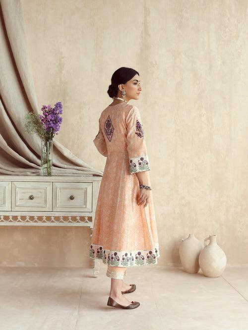 Peach Kalidar Kurta with Pant and Dupatta-Set of 3