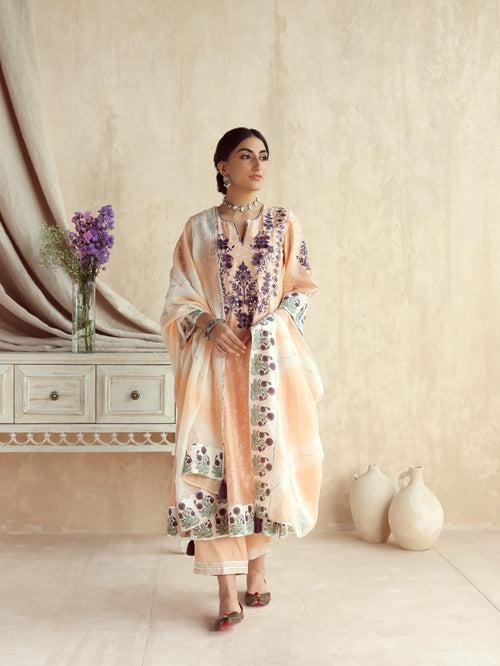 Peach Kalidar Kurta with Pant and Dupatta-Set of 3