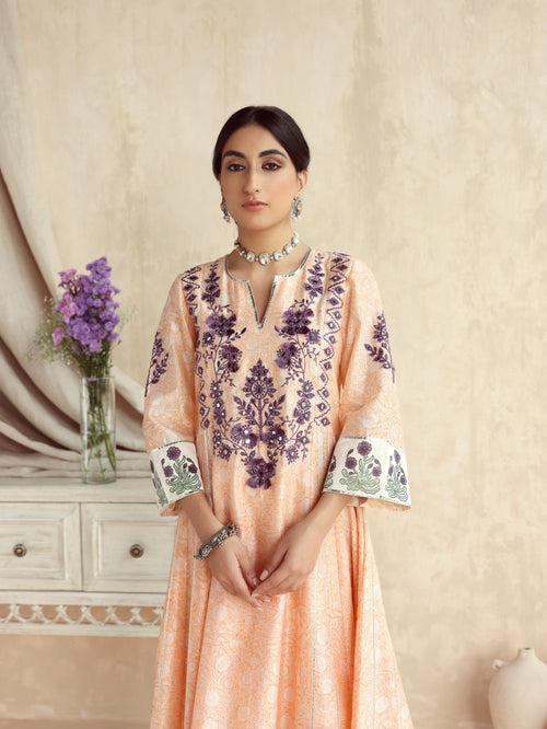 Peach Kalidar Kurta with Pant and Dupatta-Set of 3