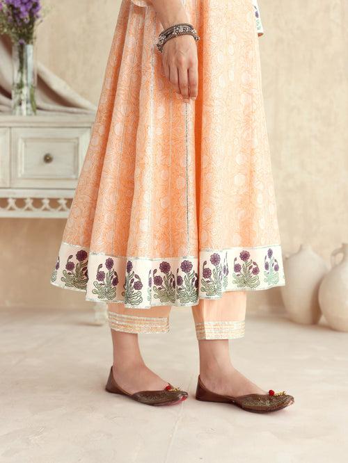 Peach Kalidar Kurta with Pant and Dupatta-Set of 3