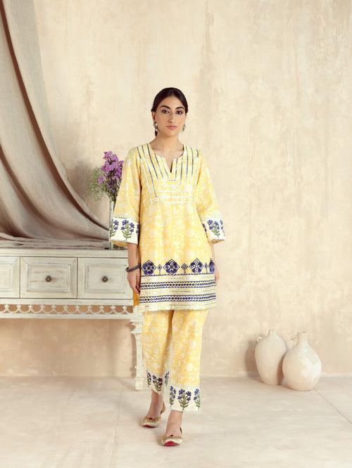 Yellow Short Kurta with Pant and Scarf-Set of 3