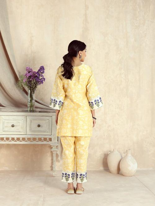 Yellow Short Kurta with Pant and Scarf-Set of 3