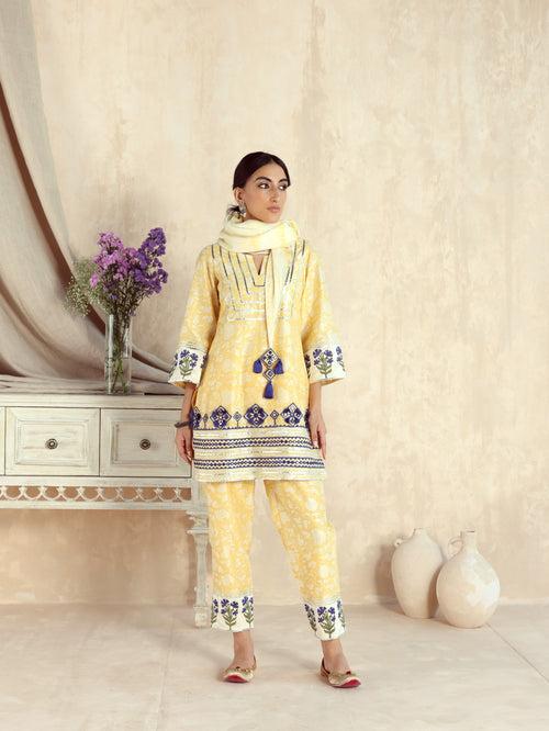 Yellow Short Kurta with Pant and Scarf-Set of 3