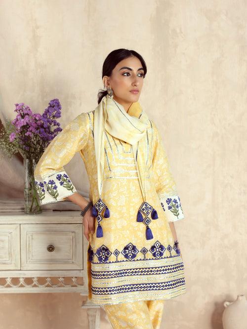 Yellow Short Kurta with Pant and Scarf-Set of 3