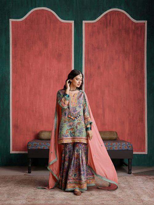 Gulmohar Short Kurta with Gharara and Dupatta