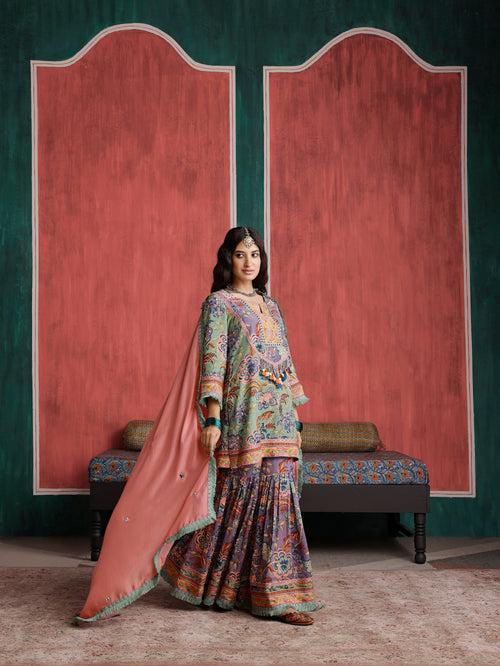 Gulmohar Short Kurta with Gharara and Dupatta