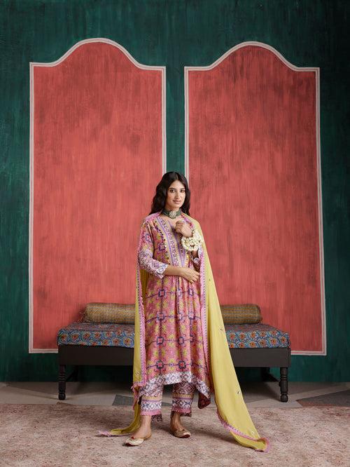 Laila Aymmetrical Gathered Kurta with Pant and Dupatta