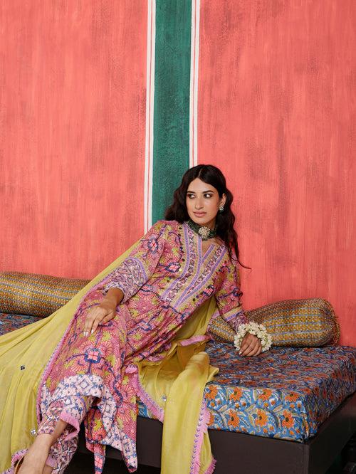 Laila Aymmetrical Gathered Kurta with Pant and Dupatta