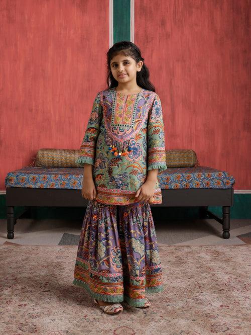 Gulmohar Straight Short Kurta with Gharara and Dupatta -Set of 3 (For Kids)