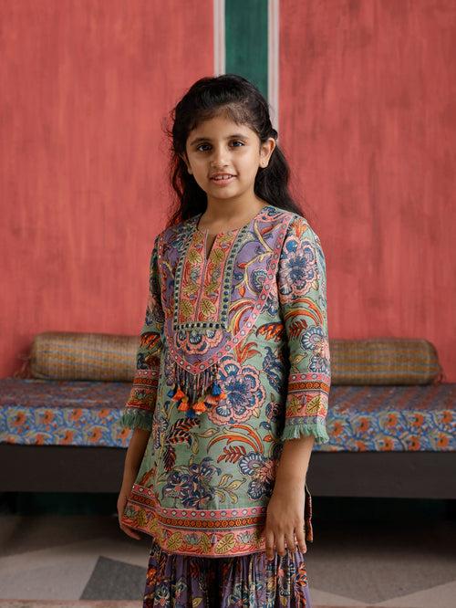 Gulmohar Straight Short Kurta with Gharara and Dupatta -Set of 3 (For Kids)