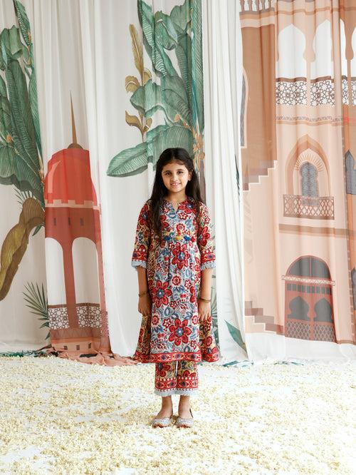 Mehak Front Gathered Kurta with Pant and Dupatta -Set Of 3 (For Kids)