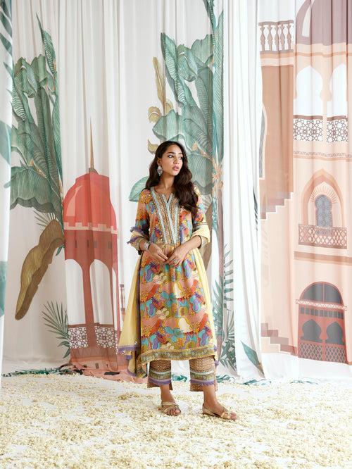 Zara Aymmetrical Gathered Kurta with Pant and Dupatta