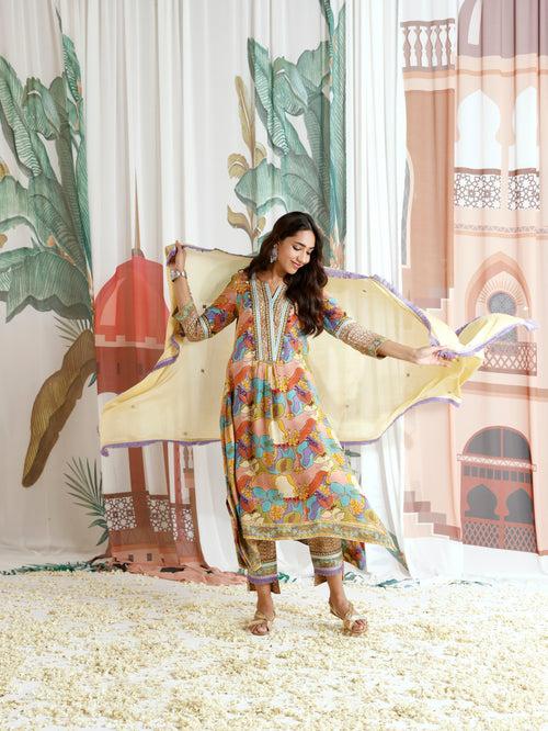 Zara Aymmetrical Gathered Kurta with Pant and Dupatta