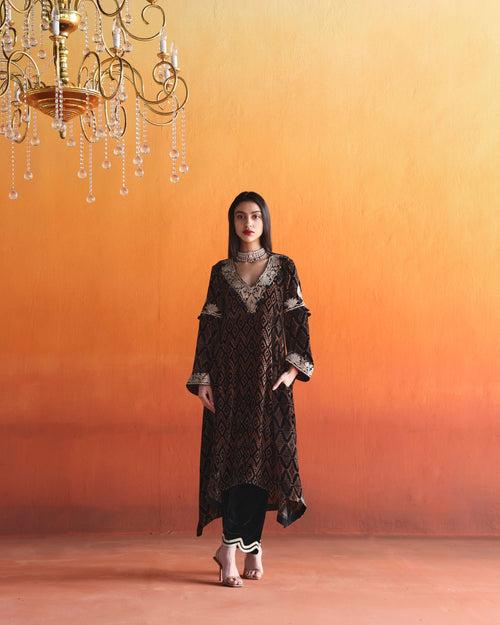 Black velvet v-neck asymmetrical kurta with pant and dupatta- Set of 3