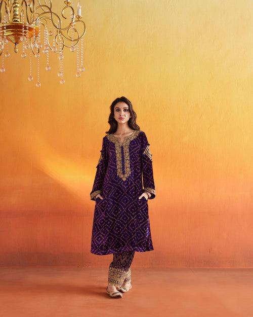 Purple velvet straight kurta with salwar and dupatta-Set of 3