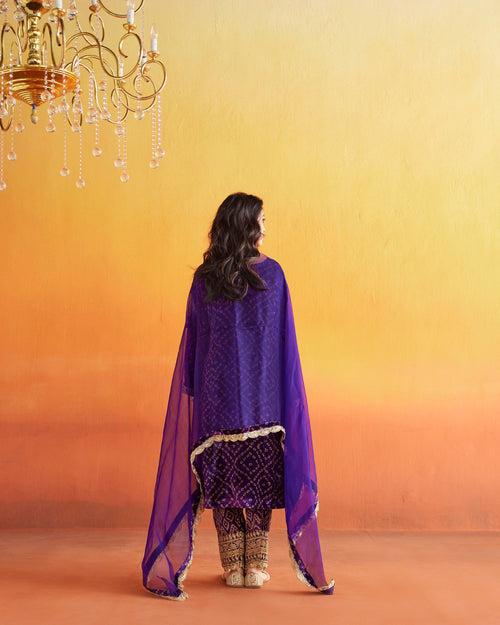 Purple velvet straight kurta with salwar and dupatta-Set of 3