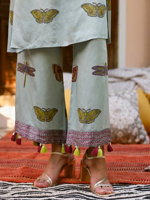 DUSTY BLUE BEES & BUTTERFLY PRINT KURTA & PALAZZO- SET OF 2