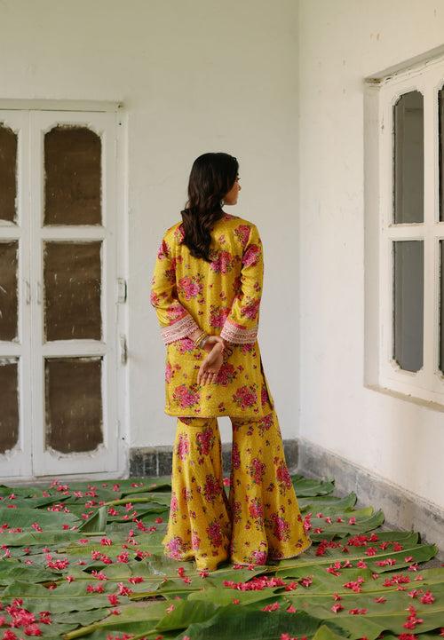 Yellow Ranibagh Short Kurta with Gharara and Dupatta- Set of 3