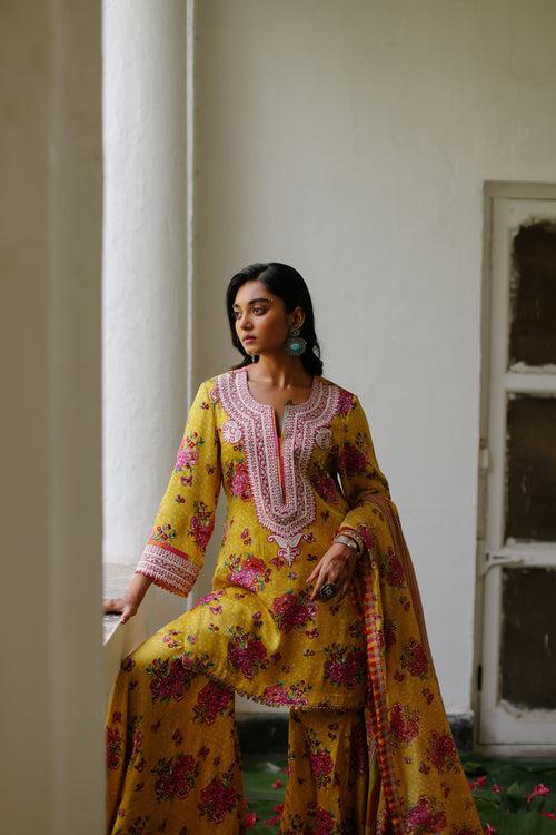 Yellow Ranibagh Short Kurta with Gharara and Dupatta- Set of 3