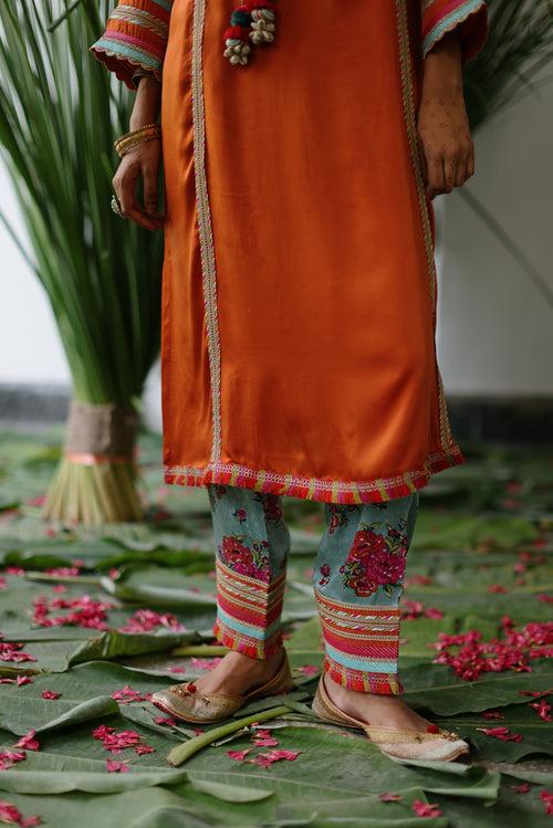 Rust A-Line Kurta with Yellow Rani Bagh Printed Pakistani Salwar & Dupatta-Set of  3