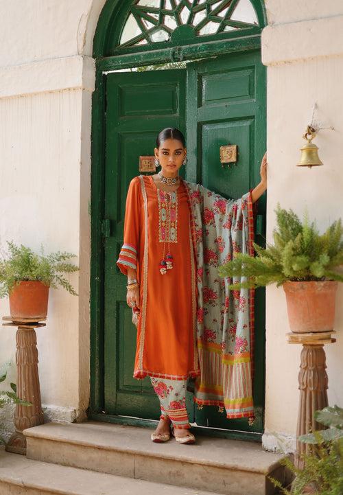 Rust A-Line Kurta with Yellow Rani Bagh Printed Pakistani Salwar & Dupatta-Set of  3