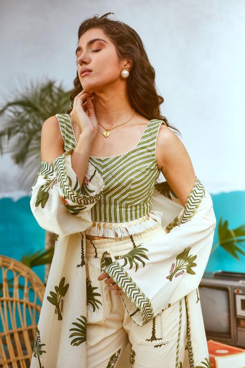 Green Palm Tree Cape with Blouse and Pants- Set of 3