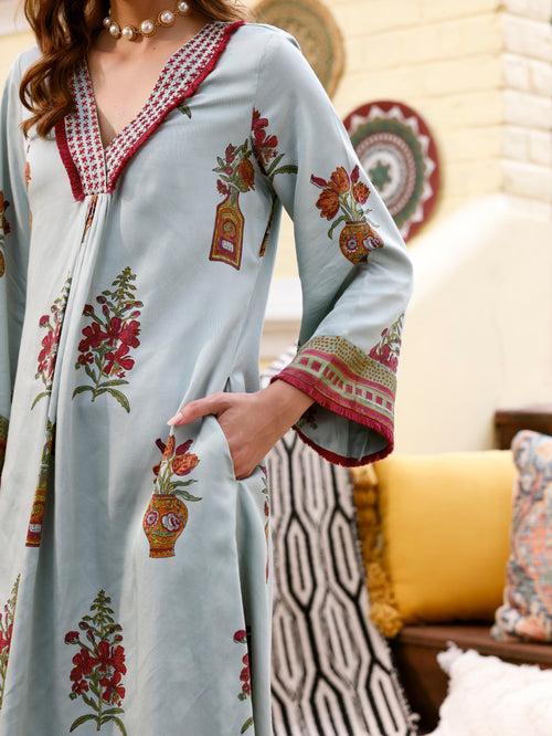 DUSTY BLUE VASE PRINT KURTA & PALAZZO- SET OF 2