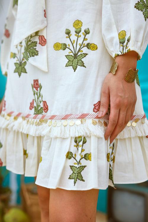 Peach and Yellow Floral Short Ruffled Dress