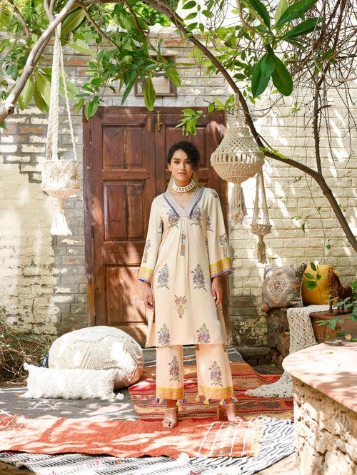 ECRU VASE PRINT KURTA & PALAZZO- SET OF 2