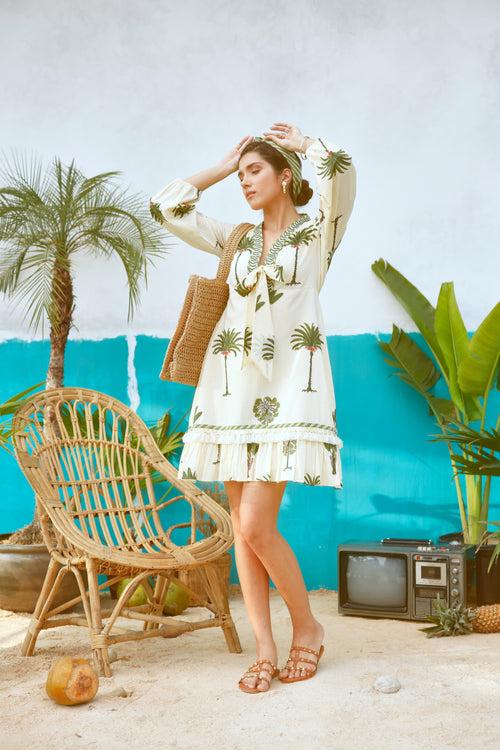 Green Palm Tree Short Ruffled Dress