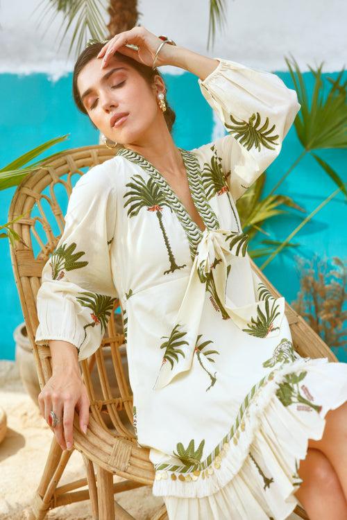 Green Palm Tree Short Ruffled Dress