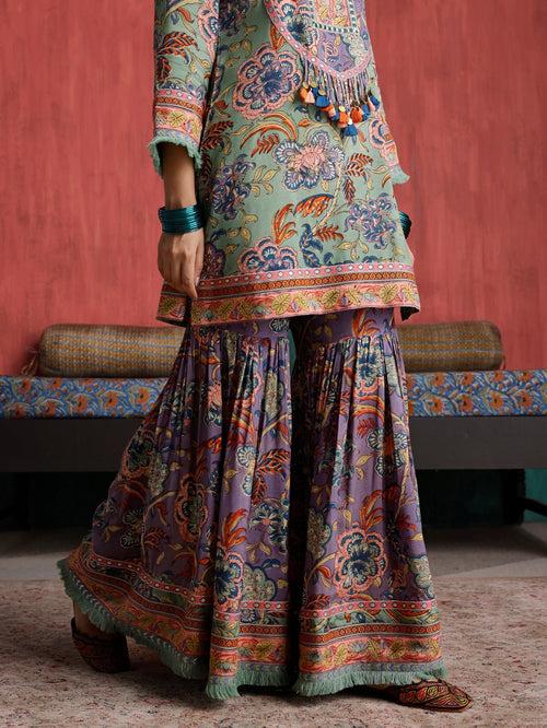 Gulmohar Short Kurta with Gharara and Dupatta