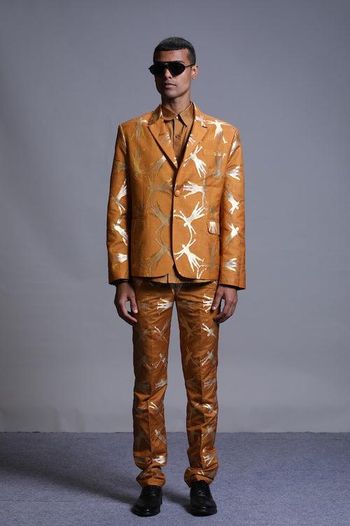 Men's Deh Gold-Silver Brocade Jacket - Mustard colour, Notch-lapel collar