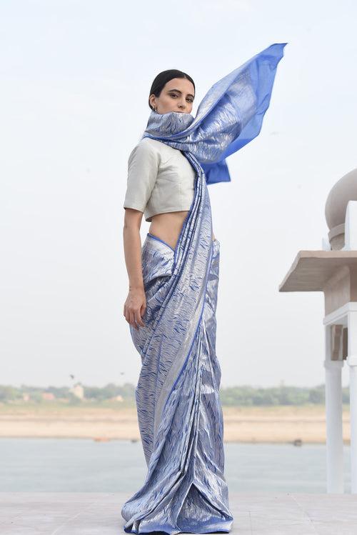 Women's udaka silver Brocade Saree- ocean blue Colour