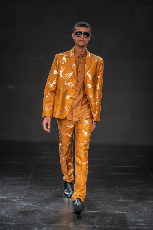 Men's Deh Gold-Silver Brocade Jacket - Mustard colour, Notch-lapel collar