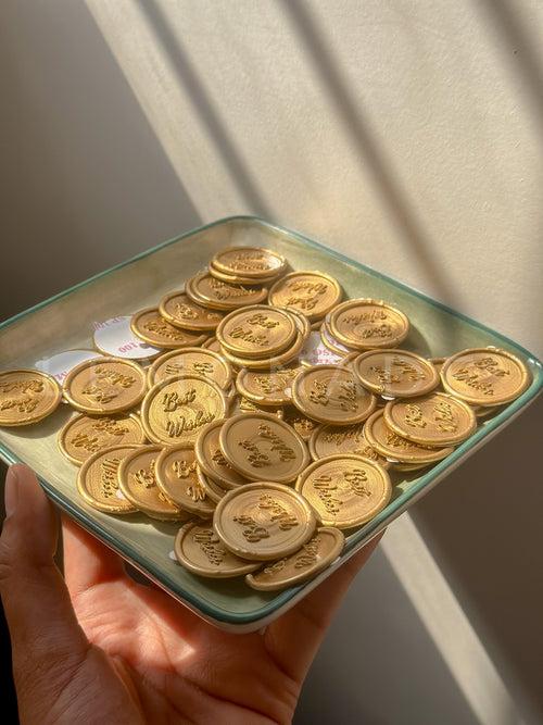 Pre Design - Self Adhesive Wax Buttons - Best Wishes - Gold - 1 inch