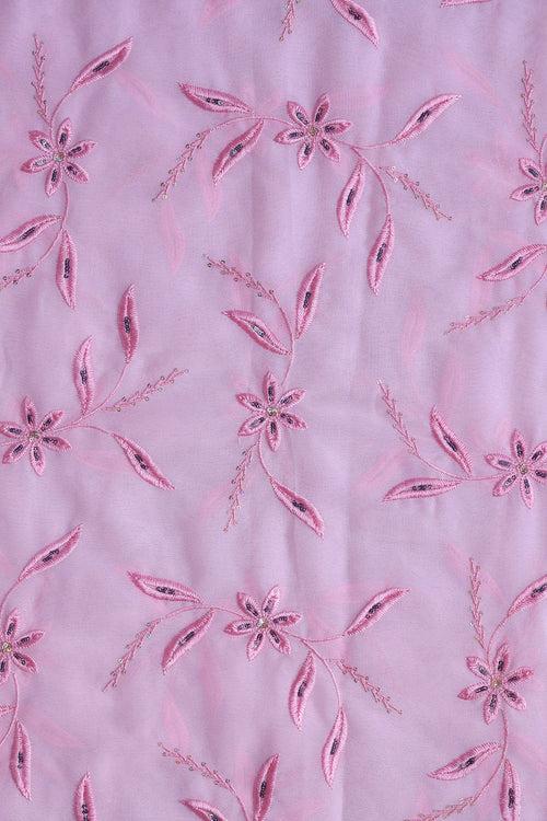 1.75 Meter Cut Piece Of Pink Thread With Sequins Floral Embroidery On Pink Georgette Fabric