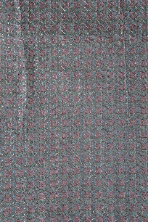 Pastel Thread With Gold Sequins Ogee Embroidery Work On Grey Raw Silk Fabric