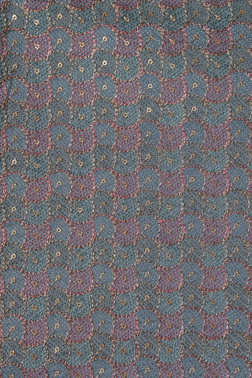 Pastel Thread With Gold Sequins Ogee Embroidery Work On Grey Raw Silk Fabric