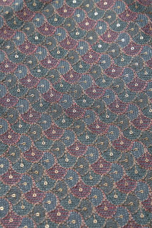 Pastel Thread With Gold Sequins Ogee Embroidery Work On Grey Raw Silk Fabric