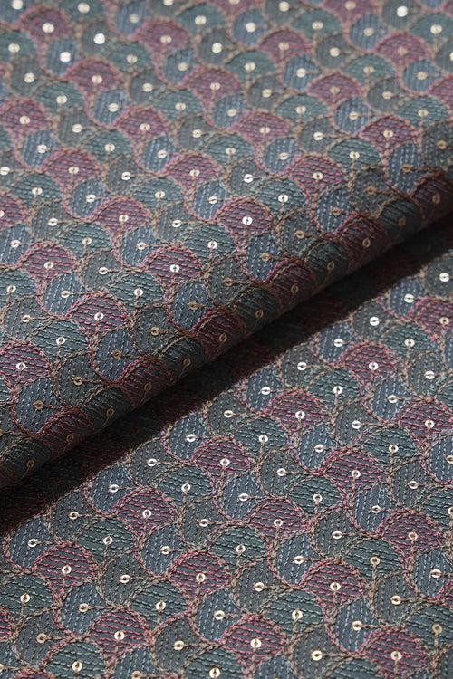 Pastel Thread With Gold Sequins Ogee Embroidery Work On Grey Raw Silk Fabric