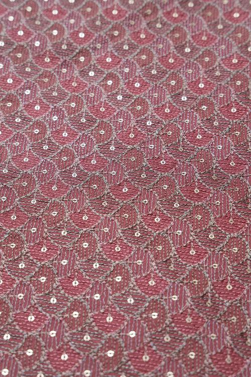 Pastel Thread With Gold Sequins Ogee Embroidery Work On Off Rust Raw Silk Fabric