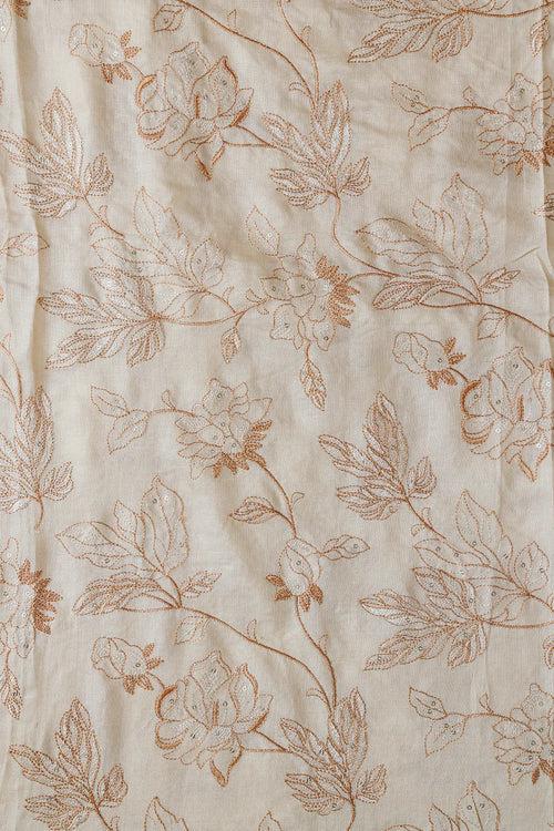 Beige Thread With Gold Sequins Leafy Embroidery On Cream Pure Bamboo Silk Fabric