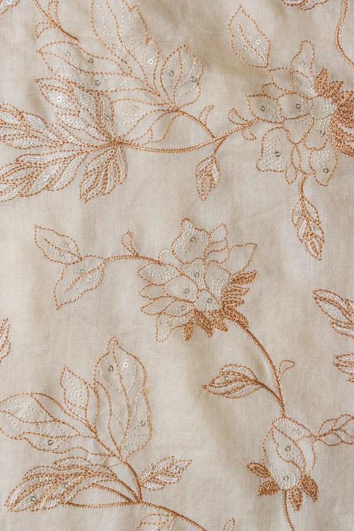 Beige Thread With Gold Sequins Leafy Embroidery On Cream Pure Bamboo Silk Fabric