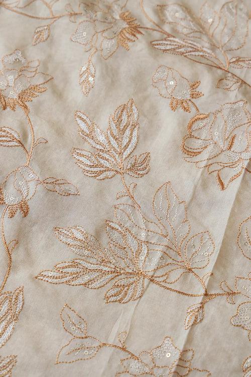 Beige Thread With Gold Sequins Leafy Embroidery On Cream Pure Bamboo Silk Fabric