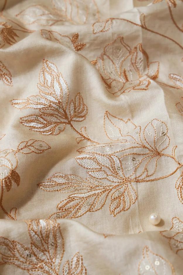 Beige Thread With Gold Sequins Leafy Embroidery On Cream Pure Bamboo Silk Fabric