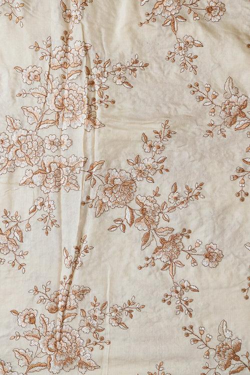 Beige Color Thread With Gold Sequins Floral Embroidery On Cream Pure Bamboo Silk Fabric